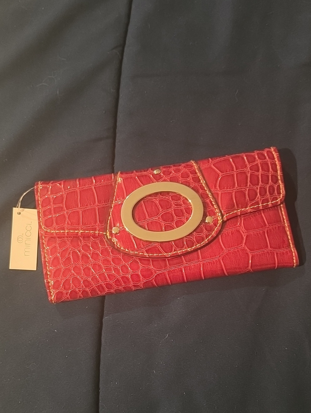 Red Croc-Embossed Clutch Wallet with Silver Accent